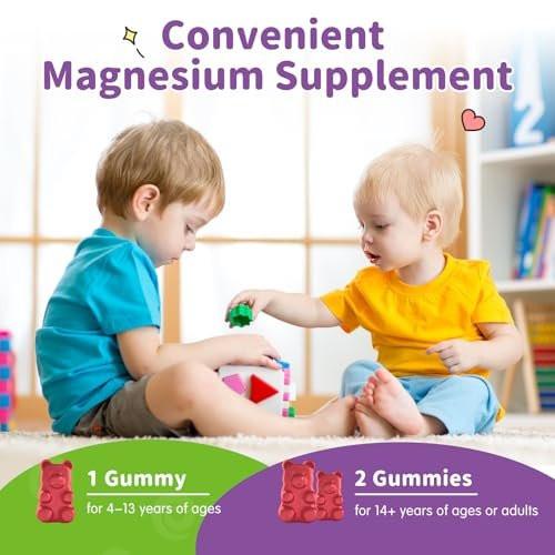 Magnesium Gummis für Kinder - Magnesiumglycinat Gummis mit L-Theanin, Vitamin B6, D3 - Unterstützt Ruhe, Schlaf, Entspannung, Gehirn, Knochen - Zuckerfrei Grape 60 Stück