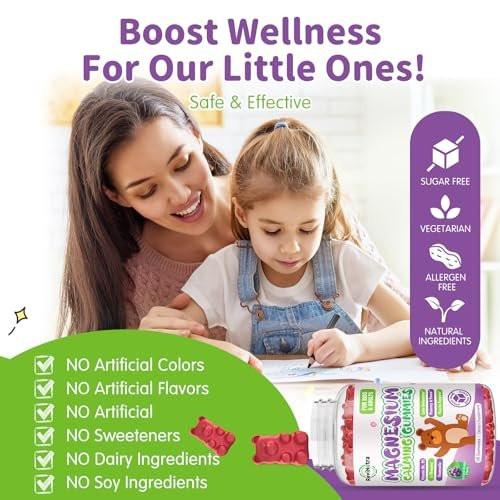 Magnesium Gummis für Kinder - Magnesiumglycinat Gummis mit L-Theanin, Vitamin B6, D3 - Unterstützt Ruhe, Schlaf, Entspannung, Gehirn, Knochen - Zuckerfrei Grape 60 Stück