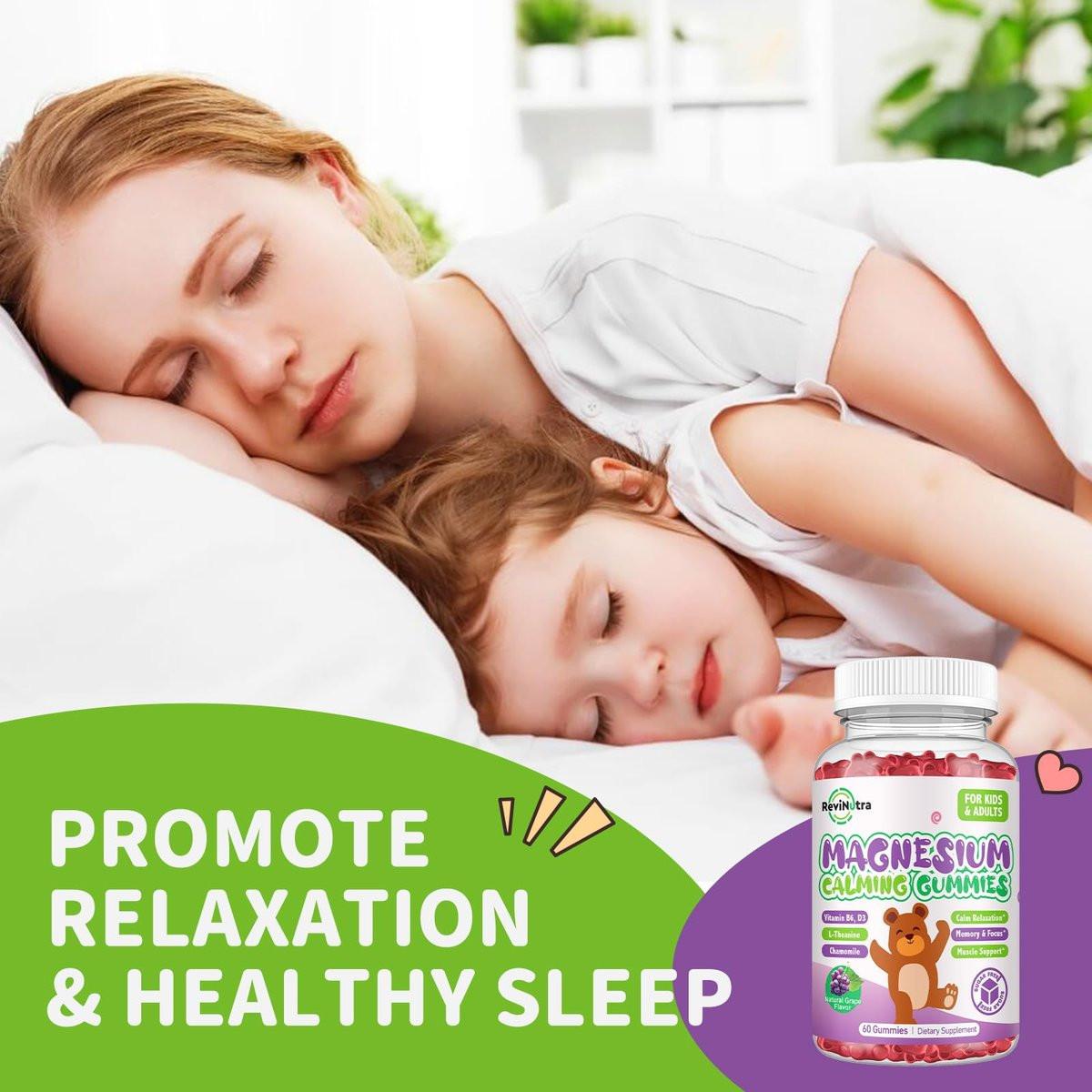 Magnesium Gummis für Kinder - Magnesiumglycinat Gummis mit L-Theanin, Vitamin B6, D3 - Unterstützt Ruhe, Schlaf, Entspannung, Gehirn, Knochen - Zuckerfrei Grape 60 Stück