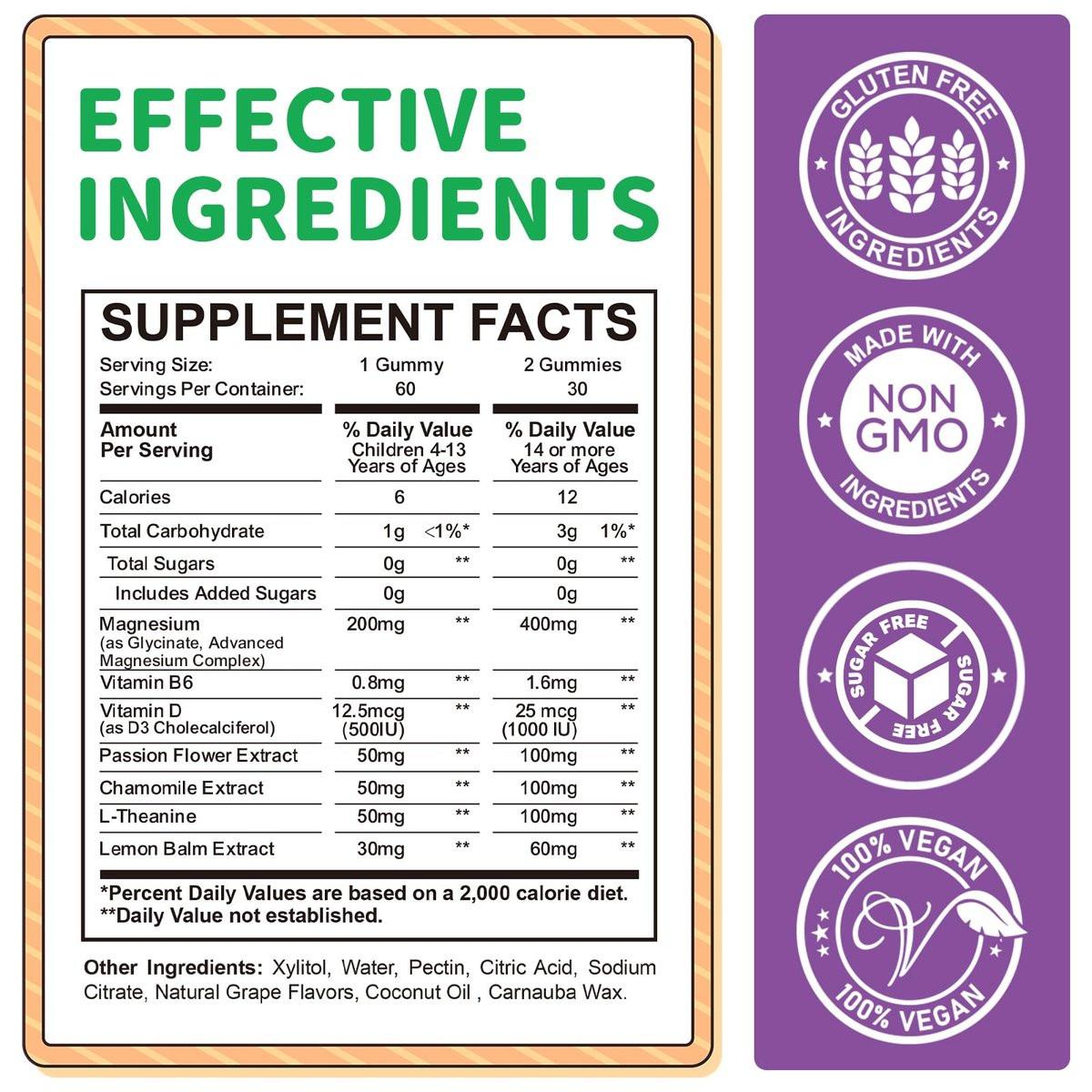 Magnesium Gummis für Kinder - Magnesiumglycinat Gummis mit L-Theanin, Vitamin B6, D3 - Unterstützt Ruhe, Schlaf, Entspannung, Gehirn, Knochen - Zuckerfrei Grape 60 Stück