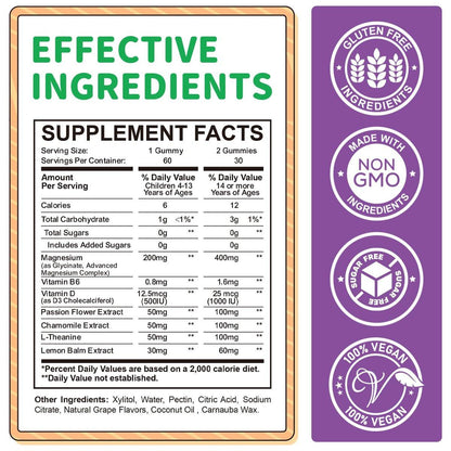 Magnesium Gummis für Kinder - Magnesiumglycinat Gummis mit L-Theanin, Vitamin B6, D3 - Unterstützt Ruhe, Schlaf, Entspannung, Gehirn, Knochen - Zuckerfrei Grape 60 Stück