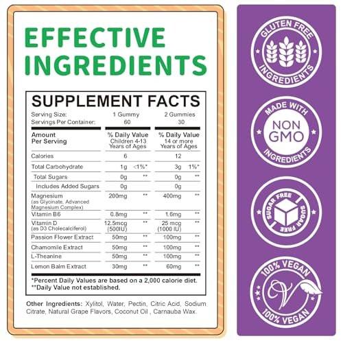 Magnesium Gummis für Kinder - Magnesiumglycinat Gummis mit L-Theanin, Vitamin B6, D3 - Unterstützt Ruhe, Schlaf, Entspannung, Gehirn, Knochen - Zuckerfrei Grape 60 Stück