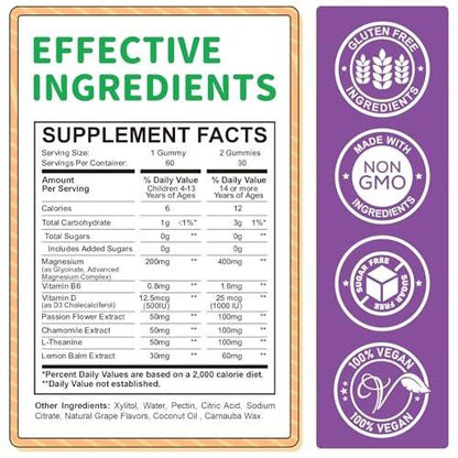 Magnesium Gummis für Kinder - Magnesiumglycinat Gummis mit L-Theanin, Vitamin B6, D3 - Unterstützt Ruhe, Schlaf, Entspannung, Gehirn, Knochen - Zuckerfrei Grape 60 Stück