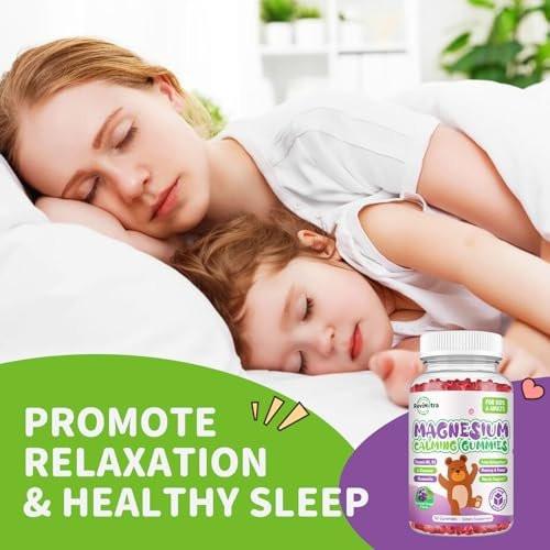 Magnesium Gummis für Kinder - Magnesiumglycinat Gummis mit L-Theanin, Vitamin B6, D3 - Unterstützt Ruhe, Schlaf, Entspannung, Gehirn, Knochen - Zuckerfrei Grape 60 Stück