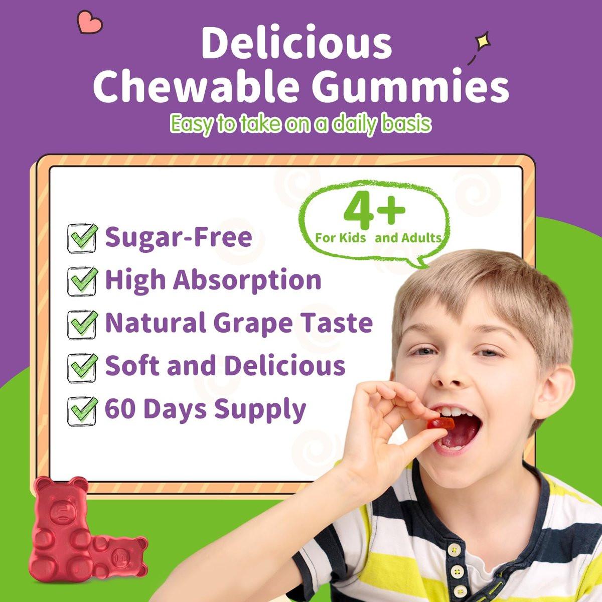 Magnesium Gummis für Kinder - Magnesiumglycinat Gummis mit L-Theanin, Vitamin B6, D3 - Unterstützt Ruhe, Schlaf, Entspannung, Gehirn, Knochen - Zuckerfrei Grape 60 Stück
