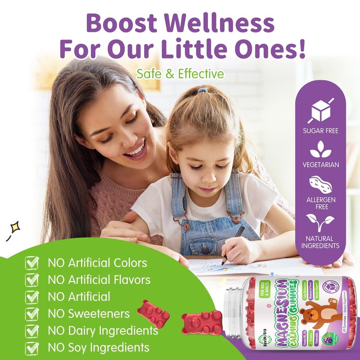 Magnesium Gummis für Kinder - Magnesiumglycinat Gummis mit L-Theanin, Vitamin B6, D3 - Unterstützt Ruhe, Schlaf, Entspannung, Gehirn, Knochen - Zuckerfrei Grape 60 Stück