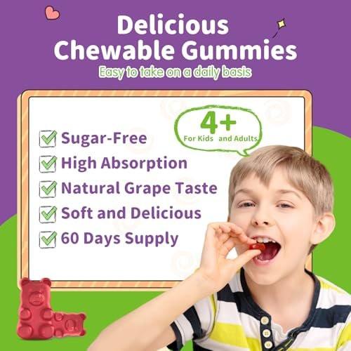 Magnesium Gummis für Kinder - Magnesiumglycinat Gummis mit L-Theanin, Vitamin B6, D3 - Unterstützt Ruhe, Schlaf, Entspannung, Gehirn, Knochen - Zuckerfrei Grape 60 Stück