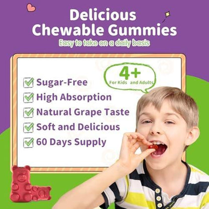 Magnesium Gummis für Kinder - Magnesiumglycinat Gummis mit L-Theanin, Vitamin B6, D3 - Unterstützt Ruhe, Schlaf, Entspannung, Gehirn, Knochen - Zuckerfrei Grape 60 Stück