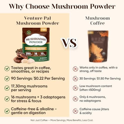 Venture Pal 16-in-1 Pilzpulver (90 Portionen) – 1.730 mg Kaffee-Alternative mit Ashwagandha, Löwenmähne, Chaga & mehr | 100 % Fruchtkörper | Unterstützt Immunsystem, Fokus & Energie