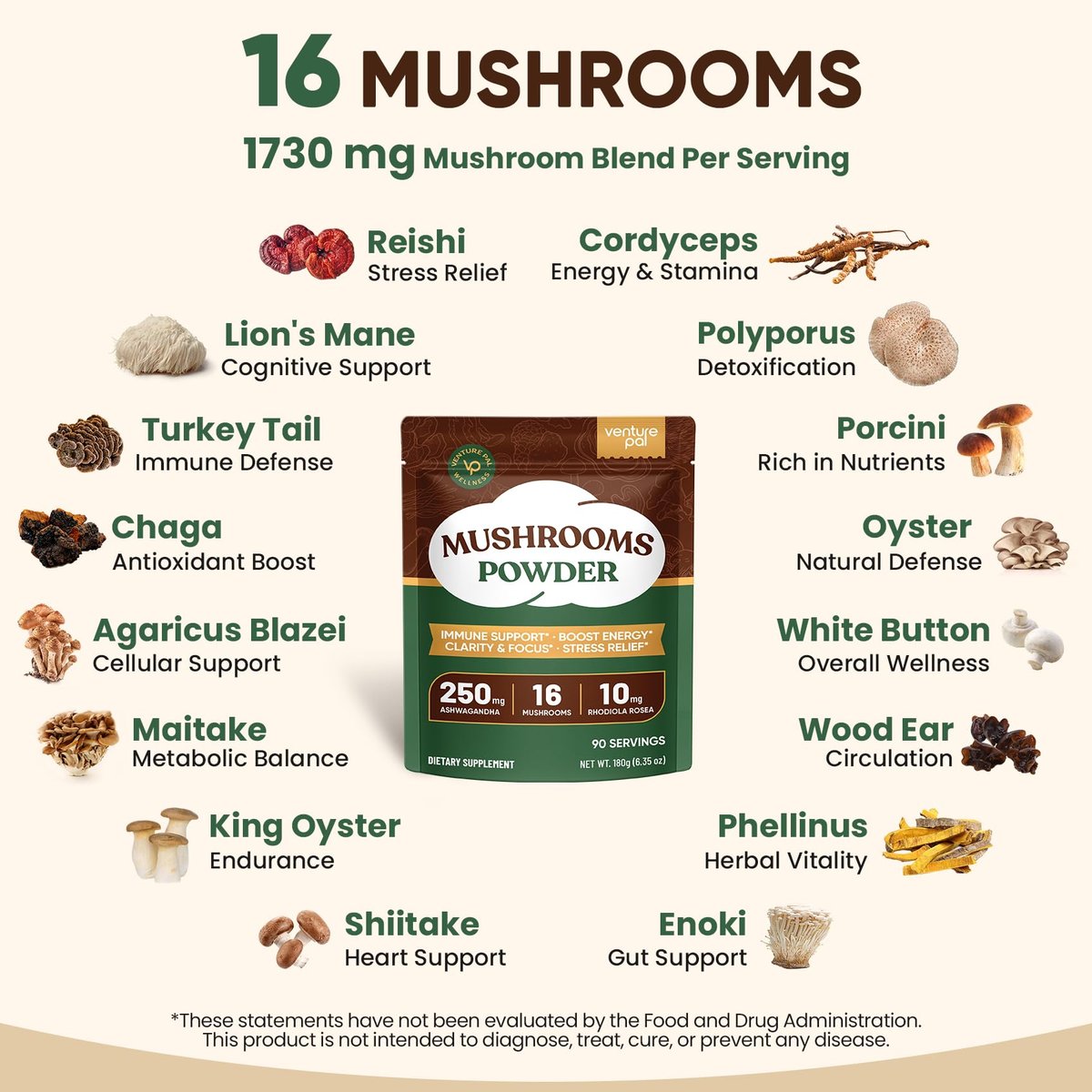 Venture Pal 16-in-1 Pilzpulver (90 Portionen) – 1.730 mg Kaffee-Alternative mit Ashwagandha, Löwenmähne, Chaga & mehr | 100 % Fruchtkörper | Unterstützt Immunsystem, Fokus & Energie