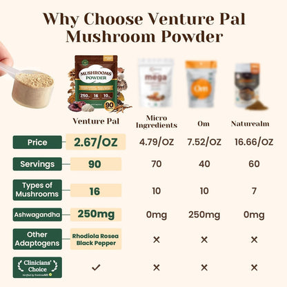 Venture Pal 16-in-1 Pilzpulver (90 Portionen) – 1.730 mg Kaffee-Alternative mit Ashwagandha, Löwenmähne, Chaga & mehr | 100 % Fruchtkörper | Unterstützt Immunsystem, Fokus & Energie
