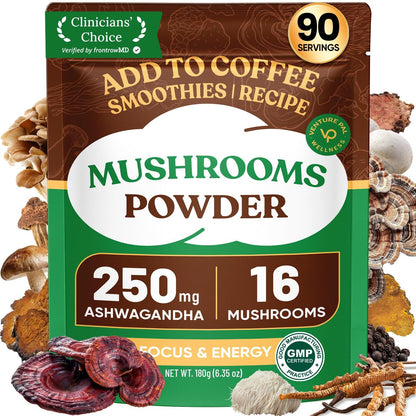 Venture Pal 16-in-1 Pilzpulver (90 Portionen) – 1.730 mg Kaffee-Alternative mit Ashwagandha, Löwenmähne, Chaga & mehr | 100 % Fruchtkörper | Unterstützt Immunsystem, Fokus & Energie