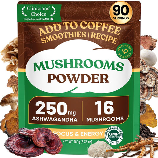 Venture Pal 16-in-1 Pilzpulver (90 Portionen) – 1.730 mg Kaffee-Alternative mit Ashwagandha, Löwenmähne, Chaga & mehr | 100 % Fruchtkörper | Unterstützt Immunsystem, Fokus & Energie