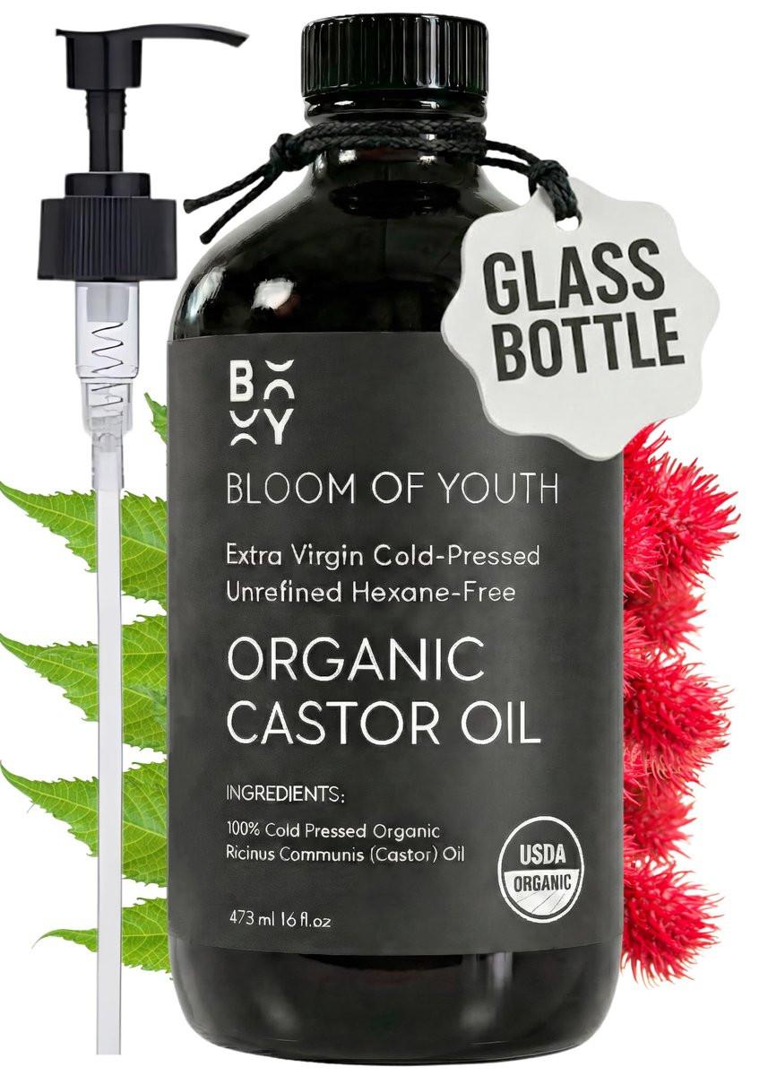 100% Reines Kaltgepresstes Bio Rizinusöl, Glasflasche 16 oz | Hexanfrei, Unraffiniert, USDA Bio | Für Haare, Hautpflege, Rizinusölpackung, Gesicht, Gelenke, Trägeröl, Wimpern, Augenbrauen
