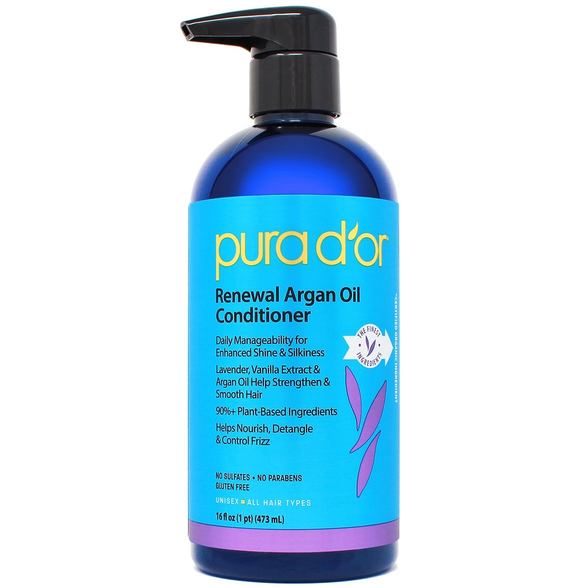 PURA D'OR 16 Oz Renewal Argan Oil Conditioner – Sulfatfrei, Feuchtigkeitsspendend, Frizz-Kontrolle, Farbschutz, mit Bio Aloe Vera & Arganöl, Pflegend & Stärkend für Trockenes, Geschädigtes Haar