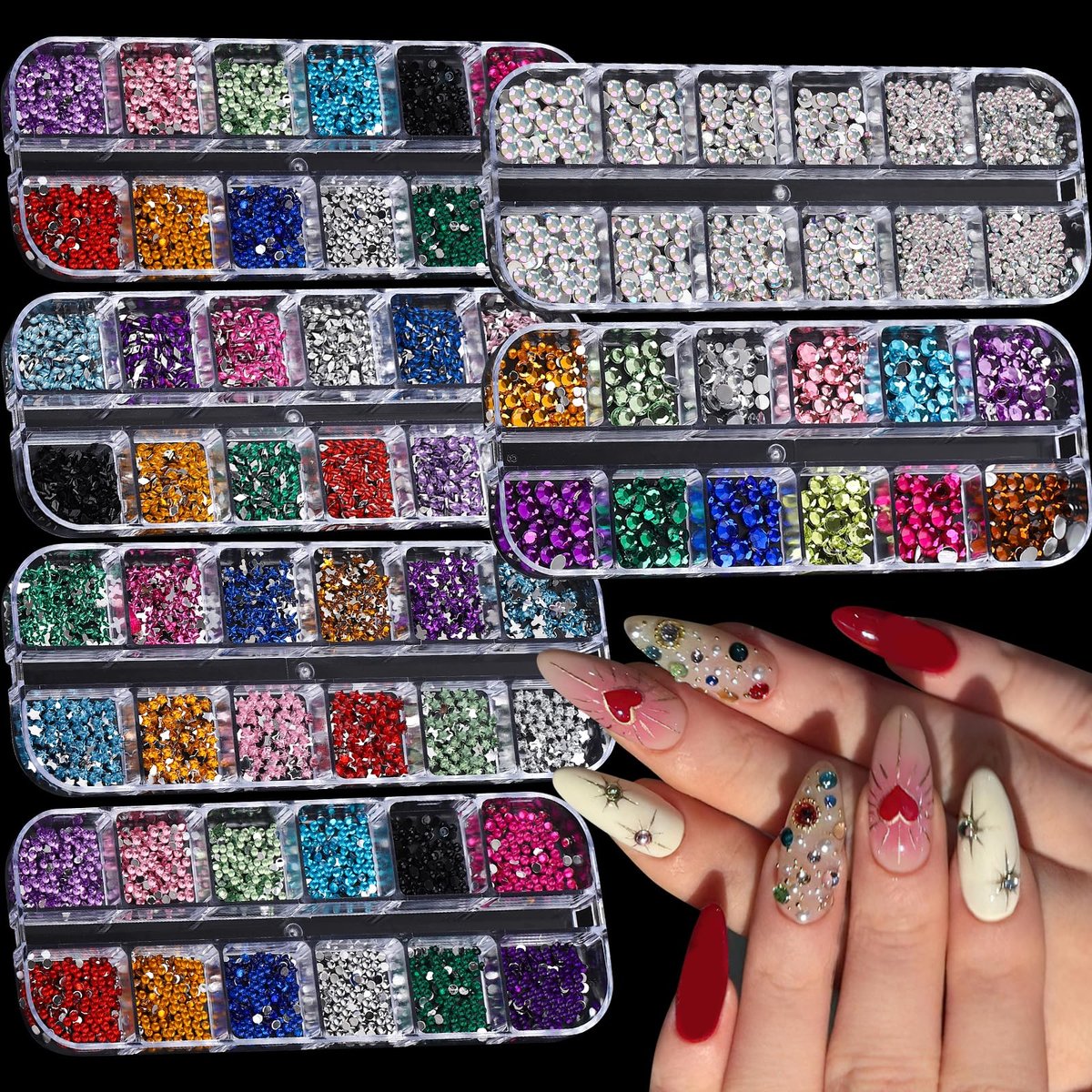 ROFIBUT 6 Boxen Bunte Kristall-Rhinestones Nagelsteine, Multiform-Flachrücken-Charms, 2mm 3mm, gemischte Farben, 3D Mini Mischfarben Kristall Nagel-Juwelen für Basteln DIY Nagelkunst Augen-Make-up-Edelsteine