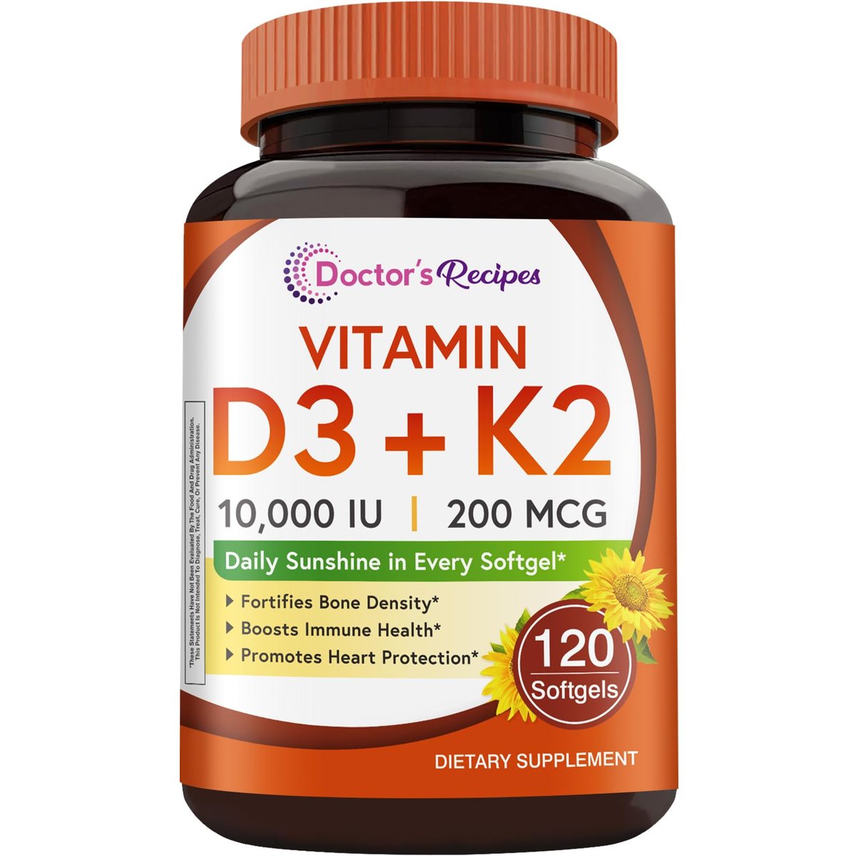Doctor's Recipes Vitamin D3 K2, 10.000 IE, 200 mcg, MK-7, Starke Knochendichte, Zähne, Immunsystem, Herzunterstützung, Energie, Calciumaufnahme, Ohne Soja & Gluten, Nicht-GVO, 120 Weichkapseln