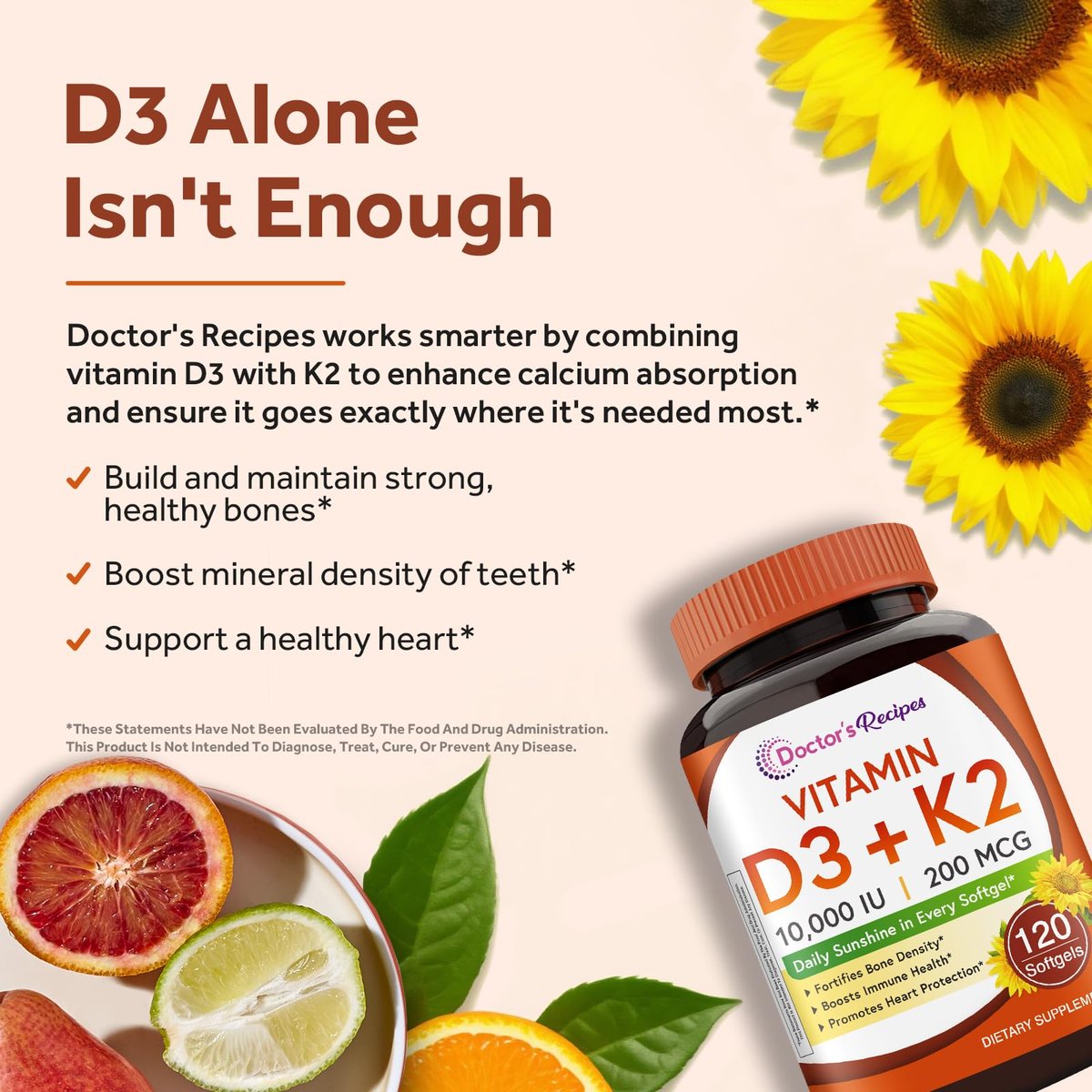 Doctor's Recipes Vitamin D3 K2, 10.000 IE, 200 mcg, MK-7, Starke Knochendichte, Zähne, Immunsystem, Herzunterstützung, Energie, Calciumaufnahme, Ohne Soja & Gluten, Nicht-GVO, 120 Weichkapseln
