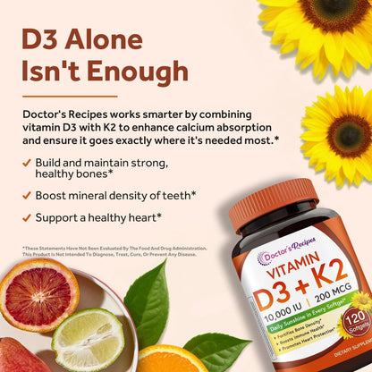 Doctor's Recipes Vitamin D3 K2, 10.000 IE, 200 mcg, MK-7, Starke Knochendichte, Zähne, Immunsystem, Herzunterstützung, Energie, Calciumaufnahme, Ohne Soja & Gluten, Nicht-GVO, 120 Weichkapseln