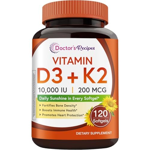 Doctor's Recipes Vitamin D3 K2, 10.000 IE, 200 mcg, MK-7, Starke Knochendichte, Zähne, Immunsystem, Herzunterstützung, Energie, Calciumaufnahme, Ohne Soja & Gluten, Nicht-GVO, 120 Weichkapseln