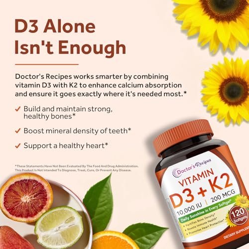 Doctor's Recipes Vitamin D3 K2, 10.000 IE, 200 mcg, MK-7, Starke Knochendichte, Zähne, Immunsystem, Herzunterstützung, Energie, Calciumaufnahme, Ohne Soja & Gluten, Nicht-GVO, 120 Weichkapseln