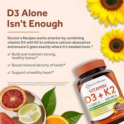 Doctor's Recipes Vitamin D3 K2, 10.000 IE, 200 mcg, MK-7, Starke Knochendichte, Zähne, Immunsystem, Herzunterstützung, Energie, Calciumaufnahme, Ohne Soja & Gluten, Nicht-GVO, 120 Weichkapseln