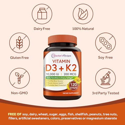Doctor's Recipes Vitamin D3 K2, 10.000 IE, 200 mcg, MK-7, Starke Knochendichte, Zähne, Immunsystem, Herzunterstützung, Energie, Calciumaufnahme, Ohne Soja & Gluten, Nicht-GVO, 120 Weichkapseln