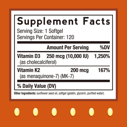 Doctor's Recipes Vitamin D3 K2, 10.000 IE, 200 mcg, MK-7, Starke Knochendichte, Zähne, Immunsystem, Herzunterstützung, Energie, Calciumaufnahme, Ohne Soja & Gluten, Nicht-GVO, 120 Weichkapseln