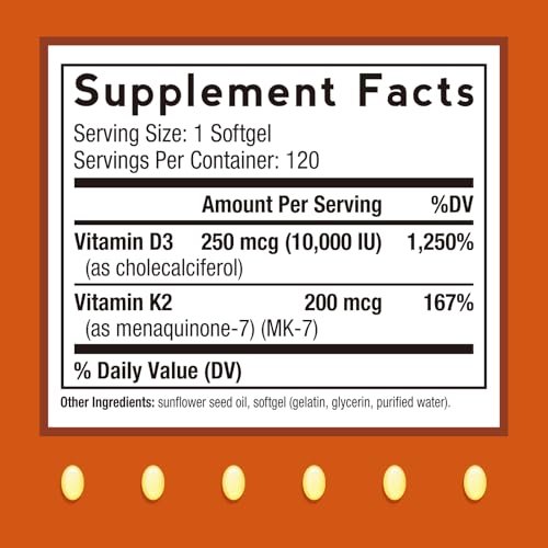 Doctor's Recipes Vitamin D3 K2, 10.000 IE, 200 mcg, MK-7, Starke Knochendichte, Zähne, Immunsystem, Herzunterstützung, Energie, Calciumaufnahme, Ohne Soja & Gluten, Nicht-GVO, 120 Weichkapseln
