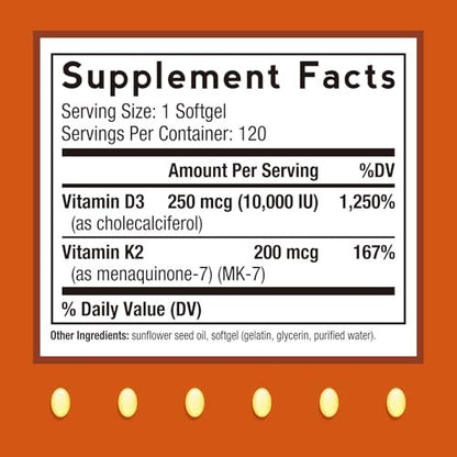 Doctor's Recipes Vitamin D3 K2, 10.000 IE, 200 mcg, MK-7, Starke Knochendichte, Zähne, Immunsystem, Herzunterstützung, Energie, Calciumaufnahme, Ohne Soja & Gluten, Nicht-GVO, 120 Weichkapseln
