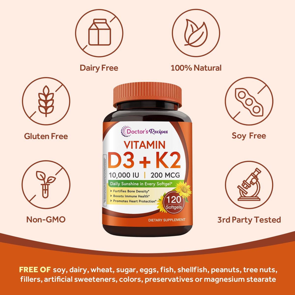 Doctor's Recipes Vitamin D3 K2, 10.000 IE, 200 mcg, MK-7, Starke Knochendichte, Zähne, Immunsystem, Herzunterstützung, Energie, Calciumaufnahme, Ohne Soja & Gluten, Nicht-GVO, 120 Weichkapseln