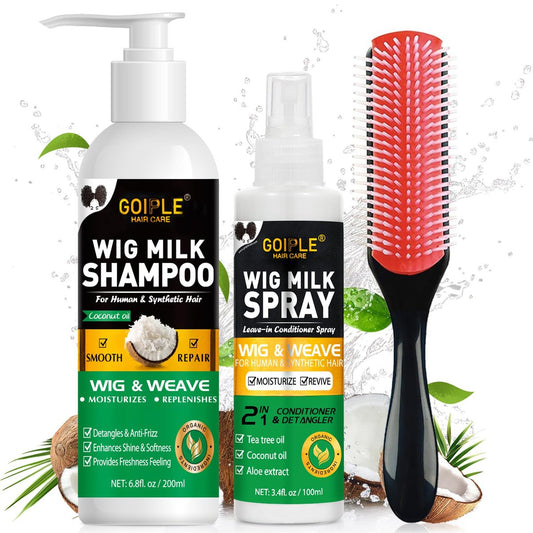 Goiple Wig Shampoo für Kunsthaar & Wig Milk Spray für Kunsthaar, entwirrt und anti-frizz, spendet Feuchtigkeit & pflegt, Set mit Shampoo, Conditioner & Detangler Spray 2-in-1, inkl. Entwirrbürste