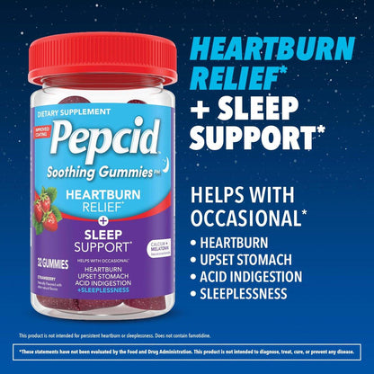 Pepcid Beruhigende Gummibärchen, Sodbrennen Linderung + Schlafunterstützung, bei gelegentlichem Sodbrennen, Magenverstimmung, saurem Aufstoßen + Schlaflosigkeit, Calcium & Melatonin, Erdbeere, 32 Stück