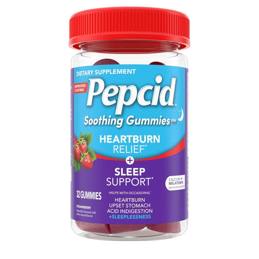Pepcid Beruhigende Gummibärchen, Sodbrennen Linderung + Schlafunterstützung, bei gelegentlichem Sodbrennen, Magenverstimmung, saurem Aufstoßen + Schlaflosigkeit, Calcium & Melatonin, Erdbeere, 32 Stück