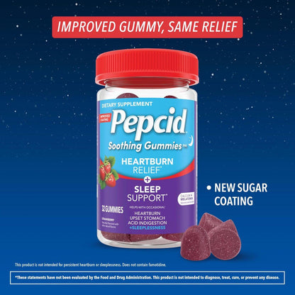 Pepcid Beruhigende Gummibärchen, Sodbrennen Linderung + Schlafunterstützung, bei gelegentlichem Sodbrennen, Magenverstimmung, saurem Aufstoßen + Schlaflosigkeit, Calcium & Melatonin, Erdbeere, 32 Stück
