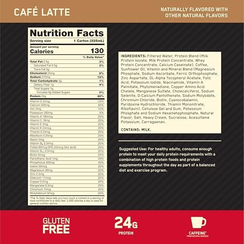 Optimum Nutrition Gold Standard Protein Shake – 24 g Protein, Fertiggetränk, Glutenfrei, Café Latte, 11 Fl Oz (12er-Pack)