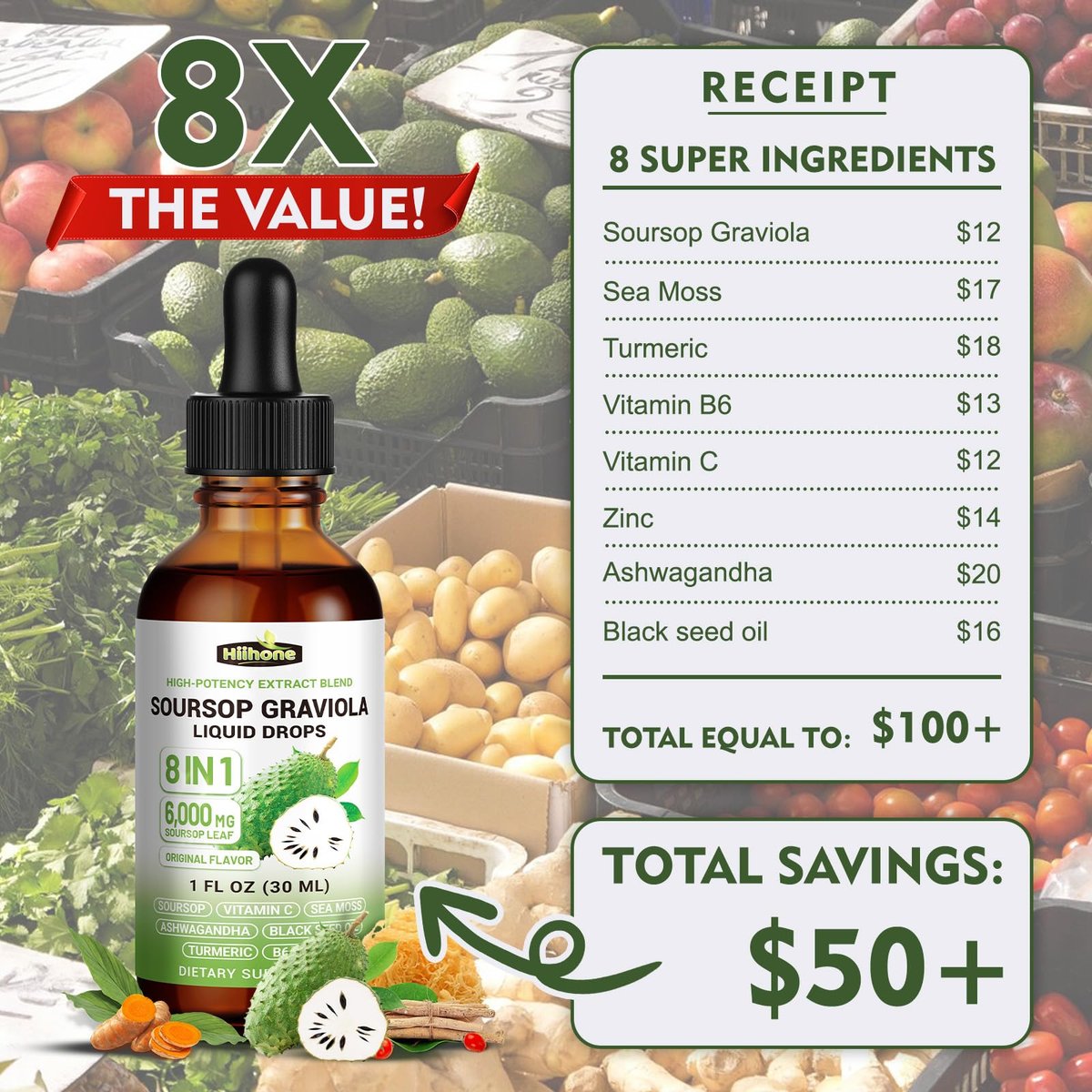 8-in-1 Graviola Soursop Blattextrakt Flüssig - Soursop Bitters mit Seemoos, Ashwagandha und Kurkuma für Immunsystem, Leber, Schlaf, Antioxidantien & Zellunterstützung, 30 ml