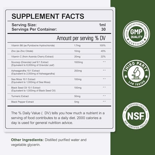 8-in-1 Graviola Soursop Blattextrakt Flüssig - Soursop Bitters mit Seemoos, Ashwagandha und Kurkuma für Immunsystem, Leber, Schlaf, Antioxidantien & Zellunterstützung, 30 ml