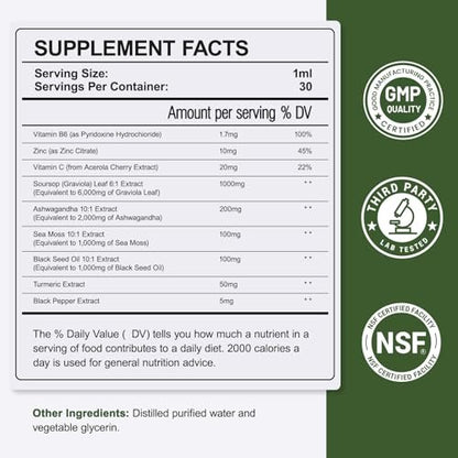 8-in-1 Graviola Soursop Blattextrakt Flüssig - Soursop Bitters mit Seemoos, Ashwagandha und Kurkuma für Immunsystem, Leber, Schlaf, Antioxidantien & Zellunterstützung, 30 ml