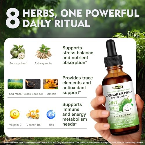 8-in-1 Graviola Soursop Blattextrakt Flüssig - Soursop Bitters mit Seemoos, Ashwagandha und Kurkuma für Immunsystem, Leber, Schlaf, Antioxidantien & Zellunterstützung, 30 ml