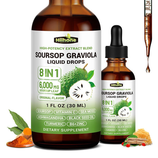 8-in-1 Graviola Soursop Blattextrakt Flüssig - Soursop Bitters mit Seemoos, Ashwagandha und Kurkuma für Immunsystem, Leber, Schlaf, Antioxidantien & Zellunterstützung, 30 ml