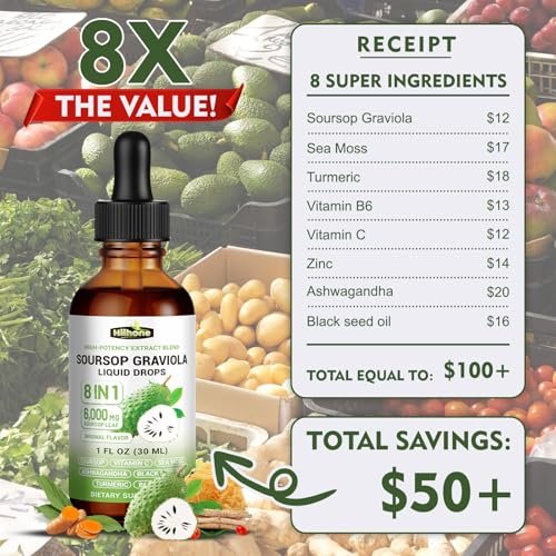 8-in-1 Graviola Soursop Blattextrakt Flüssig - Soursop Bitters mit Seemoos, Ashwagandha und Kurkuma für Immunsystem, Leber, Schlaf, Antioxidantien & Zellunterstützung, 30 ml