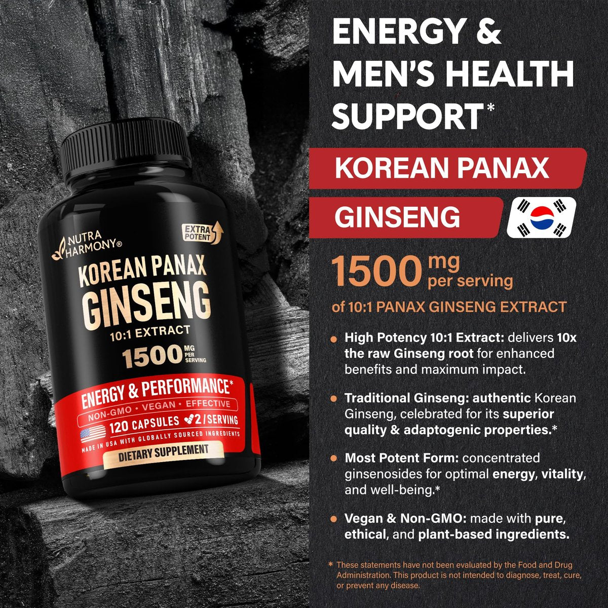 Panax Ginseng 1500 mg - Rotes Koreanisches Ginseng-Präparat für Männer - Extra stark 10:1 Extrakt - Energie, Fokus, Produktivität & Leistung - Natürlich & Vegan - Laborgeprüft - 120 Kapseln, 2 Monate Vorrat