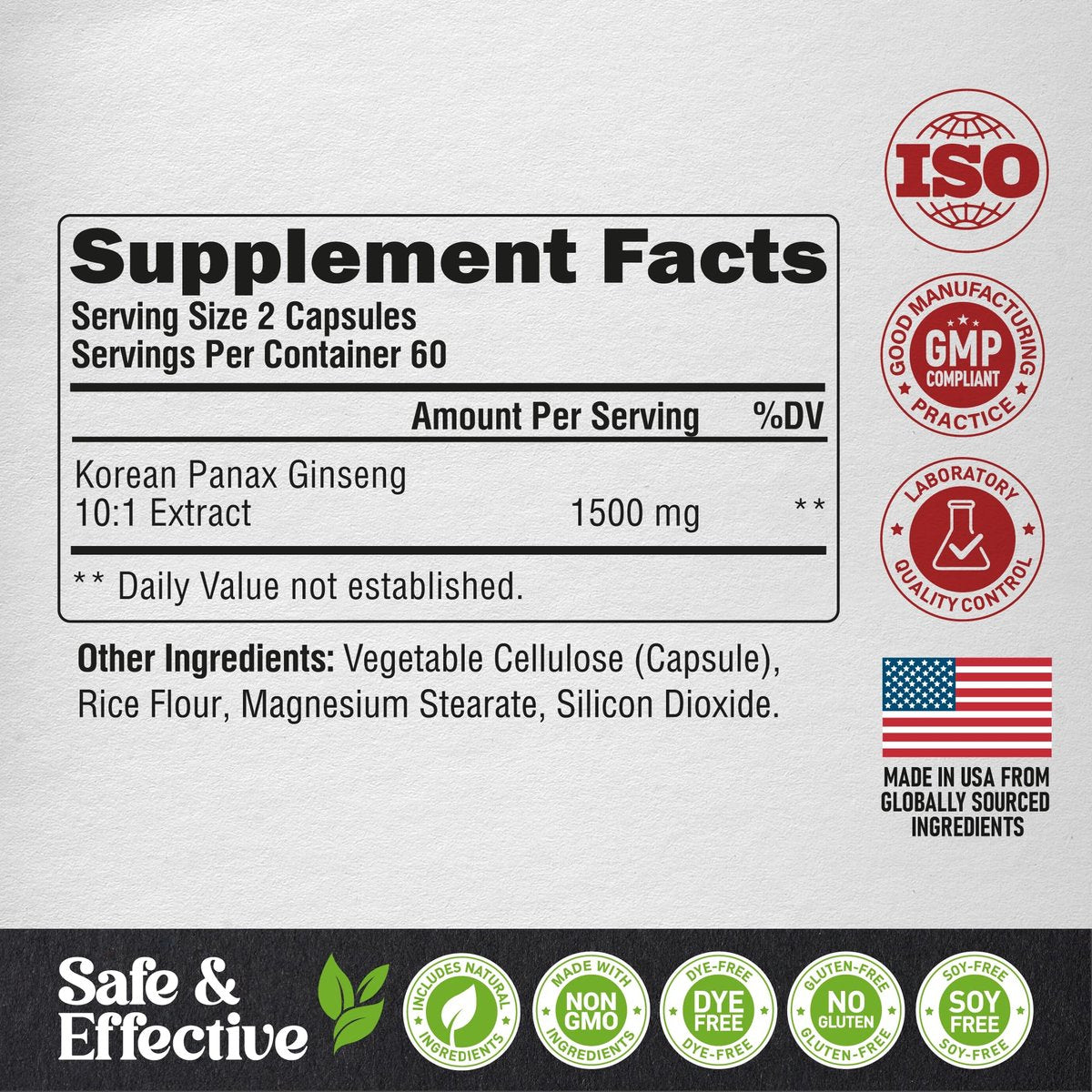 Panax Ginseng 1500 mg - Rotes Koreanisches Ginseng-Präparat für Männer - Extra stark 10:1 Extrakt - Energie, Fokus, Produktivität & Leistung - Natürlich & Vegan - Laborgeprüft - 120 Kapseln, 2 Monate Vorrat