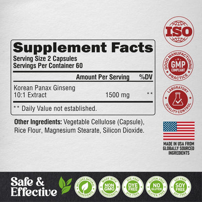 Panax Ginseng 1500 mg - Rotes Koreanisches Ginseng-Präparat für Männer - Extra stark 10:1 Extrakt - Energie, Fokus, Produktivität & Leistung - Natürlich & Vegan - Laborgeprüft - 120 Kapseln, 2 Monate Vorrat