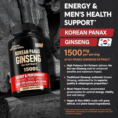 Panax Ginseng 1500 mg - Rotes Koreanisches Ginseng-Präparat für Männer - Extra stark 10:1 Extrakt - Energie, Fokus, Produktivität & Leistung - Natürlich & Vegan - Laborgeprüft - 120 Kapseln, 2 Monate Vorrat