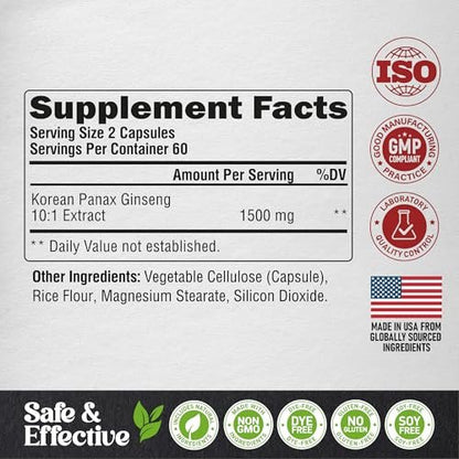 Panax Ginseng 1500 mg - Rotes Koreanisches Ginseng-Präparat für Männer - Extra stark 10:1 Extrakt - Energie, Fokus, Produktivität & Leistung - Natürlich & Vegan - Laborgeprüft - 120 Kapseln, 2 Monate Vorrat