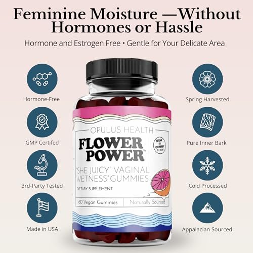 Flower Power Vaginale Feuchtigkeits-Gummibärchen — Zuckerfreie Nahrungsergänzung mit Pulverisierter Glattulmenrinde, Blaubeergeschmack, 60 Stück