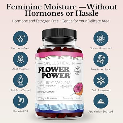 Flower Power Vaginale Feuchtigkeits-Gummibärchen — Zuckerfreie Nahrungsergänzung mit Pulverisierter Glattulmenrinde, Blaubeergeschmack, 60 Stück