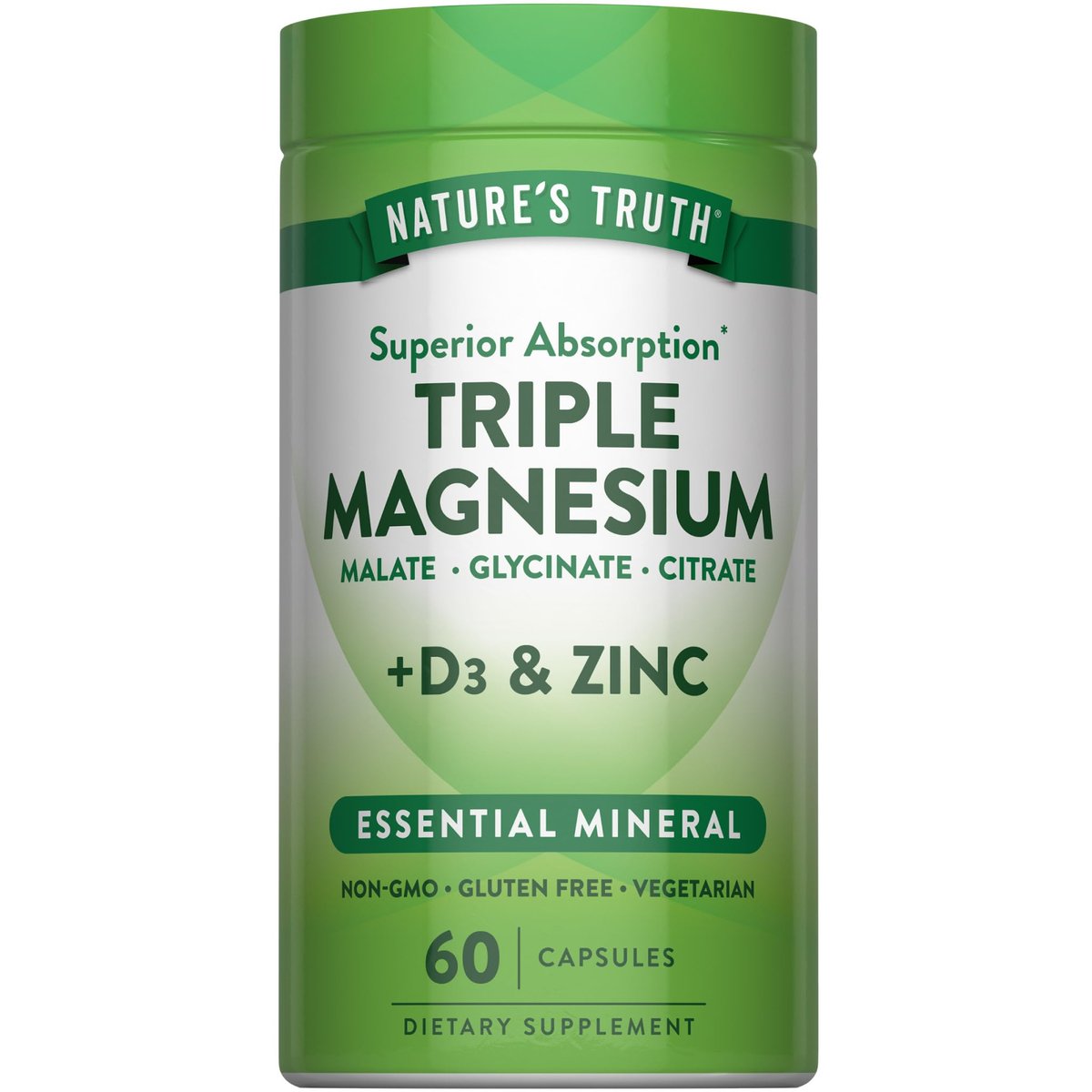 Nature's Truth Triple Magnesium Complex – 60 Kapseln mit Glycinat, Citrat & Malat, plus Vitamin D3 & Zink – Vegetarisch, Nicht-GVO, Glutenfrei